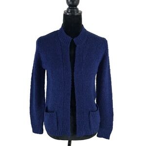 Vtg Serbin Cardigan 36 SMALL Solid Navy Blue Long Sleeve Open Front Top